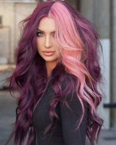 Sophisticated Hair Color, Plum Hair Color Ideas, Cute Everyday Outfits For School, Everyday Outfits For School, Plum Hair Color, Pink And Purple Hair, Sophisticated Hair, Color Block Hair