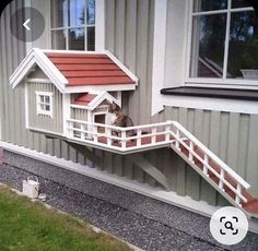 a cat sitting in a house shaped like a doghouse on the side of a building