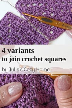 the cover of four crochet squares with text overlay that says 4 variations to join