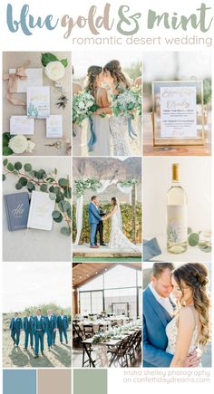 a collage of photos with the words blue gold and mint romantic desert wedding on it