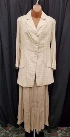 Authentic 1900s Edwardian Victorian Cream Linen w Stitching & Button Accents Day Touring Walking Suit 2 Piece Jacket and Skirt Riding Habit.  Top features 3 button front closure, 8 decorative buttons on the back, each sleeve features 2 buttons, and 2 side panel flaps on each side of waist.  Skirt features a metal side zipper, decorative buttons, and panels.  Outfit is in amazing well worn antique condition, some very small imperfections...see pics! Top Measurements: shoulder to shoulder 16 1/2 i Riding Habit, Skirt Measurements, Top Measurements, Victorian Women, Front Bottoms, Decorative Buttons, Dress Clothes For Women, Waist Skirt, Side Zipper