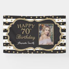 a black and white striped banner with gold glitters on it that says happy 70th birthday