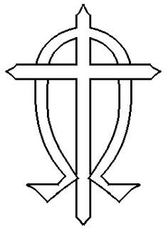 the cross with an arrow on it is outlined in black and white, as well as lines