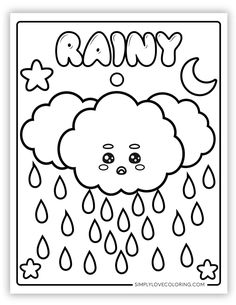 a coloring page with rain and stars in the sky, on top of a cloud