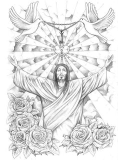 jesus with roses and doves in front of him, on a white paper background