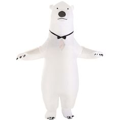 an inflatable polar bear is standing on one leg and wearing a bow tie