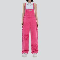 Pink Cotton Overalls, Pink Overall Jumpsuit With Pockets, Trendy Pink Summer Overalls, Trendy Pink Overalls For Summer, Pink Overall Bottoms For Spring, Pink Cotton Denim Jumpsuit For Summer, Trendy Pink Cotton Overalls, Pink Spring Overalls, Trendy Pink Cotton Jumpsuits And Rompers