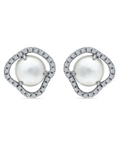 An elegant imitation pearl is surrounded by a halo frame encrusted with a single row of Cubic Zirconia stones. Formal Earrings From Macy's, Macy's Formal Earrings For Pierced Ears, Button Earrings, Metal Earrings, Fine Silver, Silver Plate, Halo, Cubic Zirconia, Fashion Jewelry