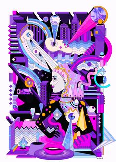 an abstract painting with various shapes and colors on the image, including a woman's head