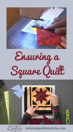 an image of someone using scissors to make a square quilt with the words, enquiing a square quilt