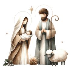 the nativity scene is depicted in watercolor and ink on paper, with an image of jesus holding his baby son