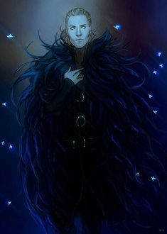 a drawing of a woman with long hair and blue eyes, wearing a black coat