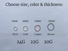 four different sizes of rings are shown on a white background with the words choose size, color & thickness