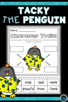 tacky the penguin worksheet with two penguins in yellow and blue pajamas,