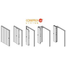 four different types of doors with the words compact living above them and an orange company logo