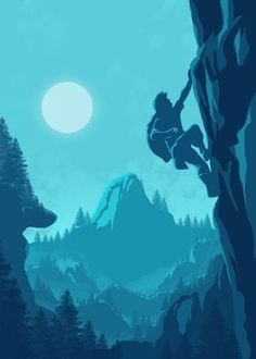 a man climbing up the side of a mountain next to a forest and a full moon