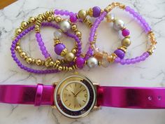 NEW Quartz Ladies Watch- pink/purple strap- gold face and figures-  purple crystals round face- Quartz-battery-matching set of bracelets Perfect gift Please note that batteries have a limited working time (12-18months) and although watch is New and unused the battery may need replacing Rose Violette, Gold Face, Purple Crystals, Ladies Watch, Wrist Watches, Round Face, Batteries, Bracelet Watch, Womens Watches