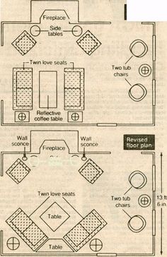 the floor plan for a living room and dining room in an old house with furniture arrangement on