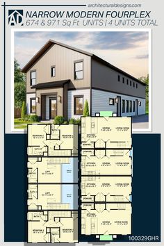 the narrow modern house plan is shown with three floors and two garages on each floor