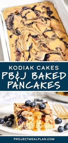 kodiak cakes pbj baked pancakes with blueberries on top and in the bottom