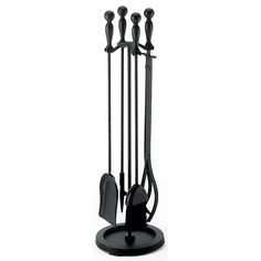 a set of four metal utensils on a stand