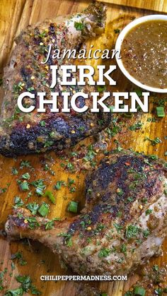 Jamaican Jerk Chicken served on a wooden table. Jamaican Jerk Chicken Recipe, Jamaican Jerk Sauce, Jerk Sauce, Jamaican Chicken, Chicken Lickin, Jamaican Jerk Chicken