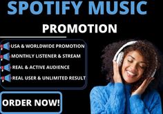 an advertisement for spotify music promotion with a woman listening to headphones and smiling