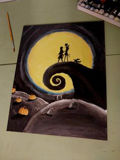 a drawing of a man and woman standing on top of a hill under a full moon