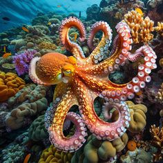 an octopus is sitting on top of some corals in the ocean with other fish around it