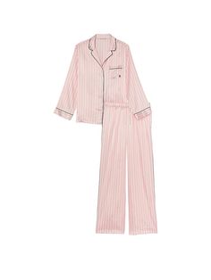 a pink and white striped pajama set with black piping on the chest