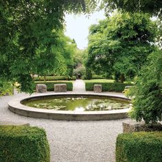 a pond in the middle of a garden surrounded by trees