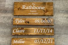 three wooden signs hanging from hooks on a wood wall with the names of each family