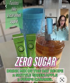 there is a poster for the drink mix of the day recipe and two skittle green apple 3 cups caramel