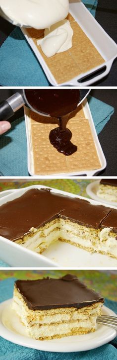 the process of making layered desserts with chocolate and vanilla frosting on white plates