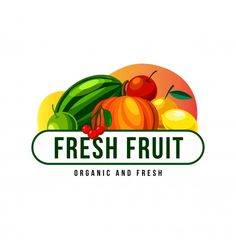 fresh fruit logo with fruits and vegetables on the bottom, including apples, watermelon, cherries, oranges, bananas