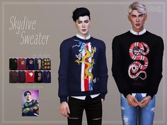 two young men standing next to each other wearing sweaters with dragon designs on them