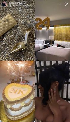 a collage of photos with gold decorations and shoes on the floor, including a woman talking on her cell phone