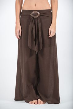 Thailand Super Soft Organic Cotton Wide Leg Yoga Pant Brown Coconut button, half elastic waist, drawstring Cotton Brown Pants, Super Widelegged Pants, Womens Pants Brown, Pants That Look Like Skirts, Style Palazzo Pants, Wide Leg Yoga Pants, Fisherman Pants, Leg Yoga, Earthy Outfits