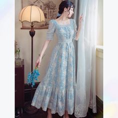 Penelope Bluemoon is a Vintage-Aesthetic Embroidered Chiffon Fairy Dress in soft blue with feminine accents. Featuring long puff sleeves, empire waist, lace decoration and vintage-inspired buttons at front. size SBust 84cmWaist 64cmLength 116cm size MBust 88cmWaist 68cmLength 116cm size LBust 92cmWaist 72cmLength 118cm XL Bust 96cmWaist 78cmLength 119cm Dress Vintage Aesthetic, Love Goddess, Shabby Chic Dress, Cottage Witch, Fairy Cottagecore, Fairycore Aesthetic, Cottage Fairy