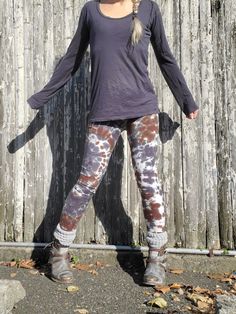 "Cool Earthy Tie Dye Leggings, XS-2XL Dark Earthy Colors, Hippie Tie-Dye Leggings, Boho Leggings, Custom Dyed, Festival Tights, Plus Curvy Style Color Combo Name: TREE BARK brown-grey Please note that although I am a size small, these leggings on me are a size LARGE! They don't fit tight on me. XS, M, L, XL, 2XL, 3XL Approximate Measurements; Waistband across: 11½\", 12\", 13\", 14\", 15\", 16\", 17\" Inseam: 26½\", 26½\", 27\", 27\", 27\", 27\", 28\" Fabric: 92% Cotton 8% spandex - feels great and has a really good stretch! Machine Wash & Dry Made in the USA Pre-Shrunk; All garments have been washed & dried in the coloring process. Each piece is hand-dyed individually! Although I use the same fabric dyes, the result is always unique and one of a kind! INTERNATIONAL BUYERS: Please note tha Silk Leggings, Name Tree, Boho Leggings, Organic Cotton Leggings, Tie Dye Maxi Skirt, Ruched Leggings, Tie Dye Scarves, Tie Dye Rainbow, Basic Leggings