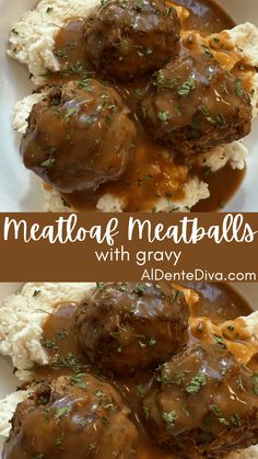 meatballs with gravy and mashed potatoes are served on a white plate