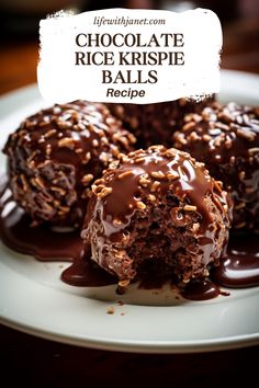 chocolate rice krispie balls on a white plate