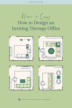 the front cover of a book with four different rooms in green and white, including a couch