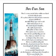 a poem written in front of a lighthouse on top of a rock with the words, fear my son