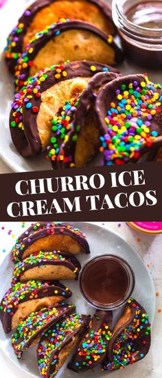 chocolate ice cream tacos with sprinkles on a white plate next to some dipping sauce