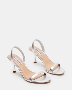 ELMA Silver Leather Slingback Strappy Kitten Heel | Women's Heels – Steve Madden Silver Sandals Heels, Silver Kitten Heels, Silver Strappy Heels, Heels Prom, Steve Madden Store, Kitten Heel Sandals, Silver Sandals, 3 Inch Heels, Gold Heels