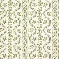 a green and white wallpaper pattern with vines on the side, in two rows