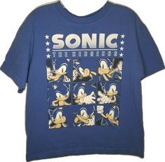 a blue sonic t - shirt with images of cartoon characters on the front and back