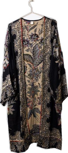 Festive Embroidered Kimono With Kimono Sleeves, Elegant Embroidered Silk Kimono, Elegant Embroidered Kimono For Festival, Black Kimono With Floral Embroidery, Black Floral Embroidered Kimono, Elegant Black Kimono With Floral Embroidery, Elegant Black Floral Embroidery Kimono, Festive Bohemian Kimono With Floral Embroidery, Bohemian Robe With Embroidered Kimono Sleeves