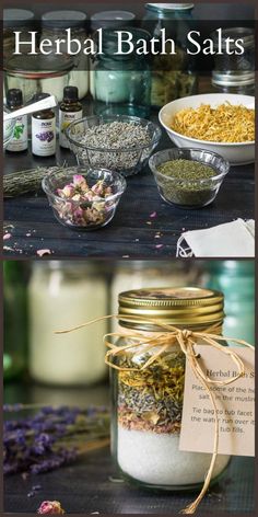 two jars filled with different types of bath salts on top of a table next to other items